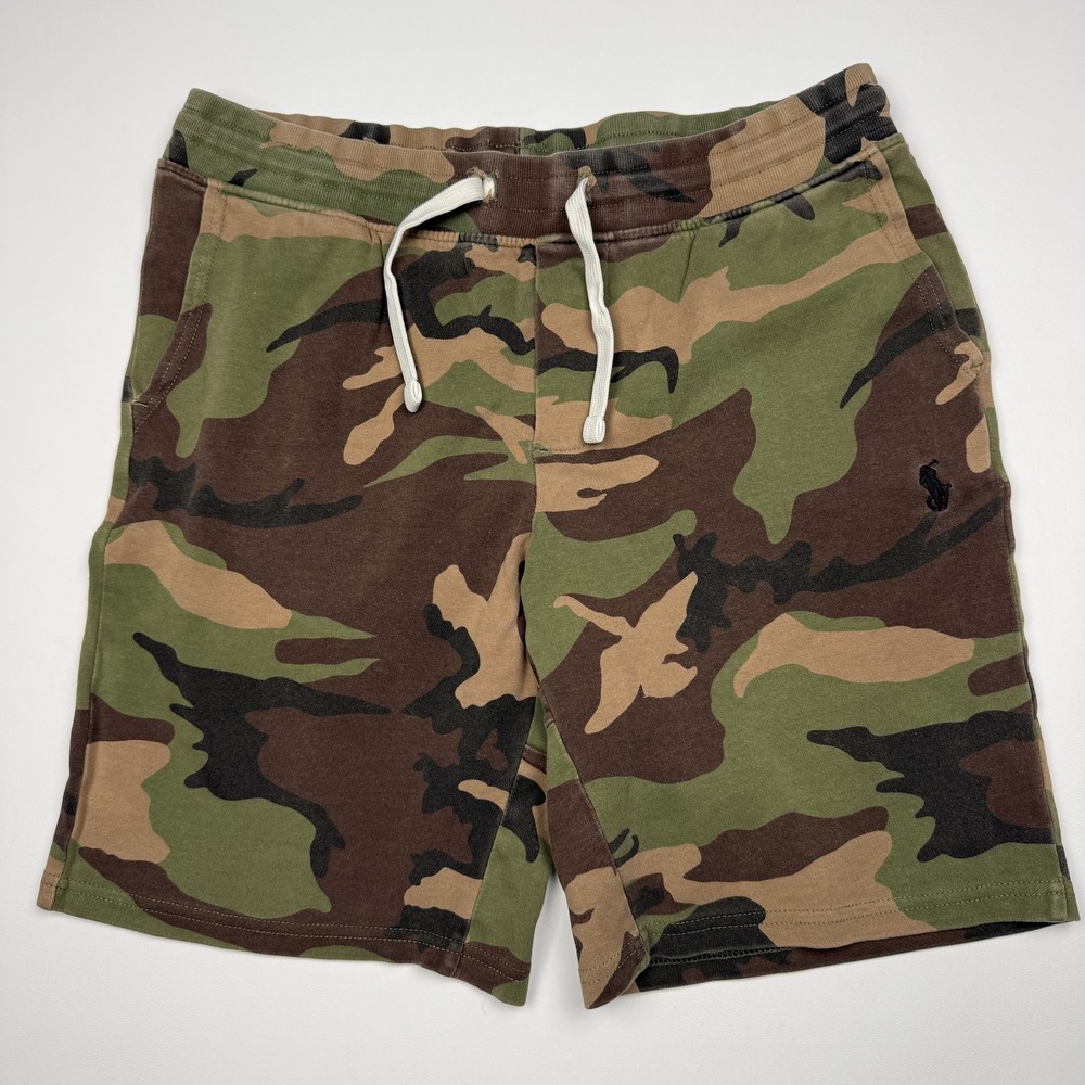 Polo Ralph Lauren Sweat Shorts Mens Large Green Camo Elastic Waist 8 Inseam